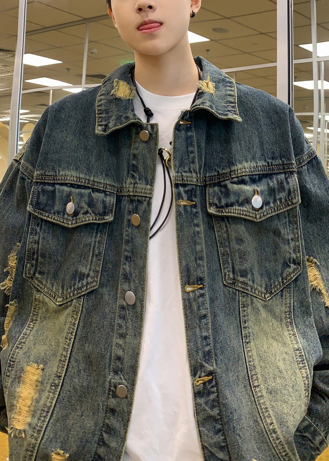 Retro Denim Blue Hole Button Pockets Denim Mens Coats Spring TC036