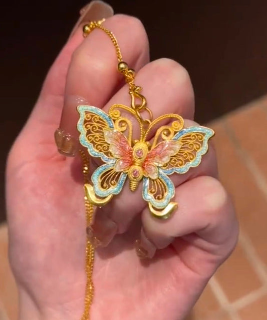 Necklace Ancient Enamel Pendant Retro Butterfly Gold