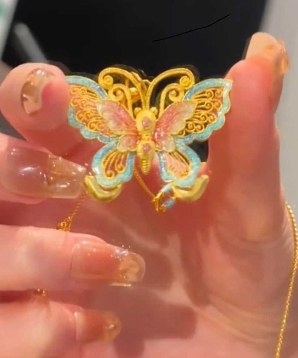 Necklace Ancient Enamel Pendant Retro Butterfly Gold