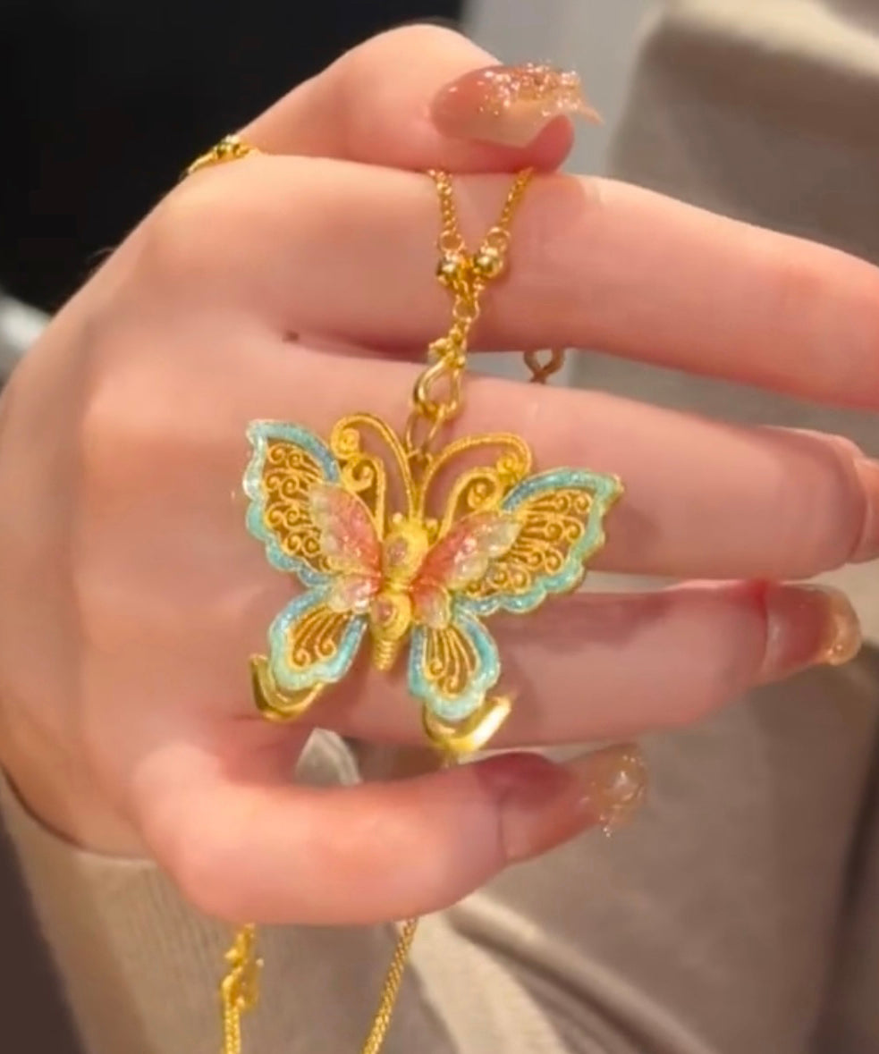 Necklace Ancient Enamel Pendant Retro Butterfly Gold
