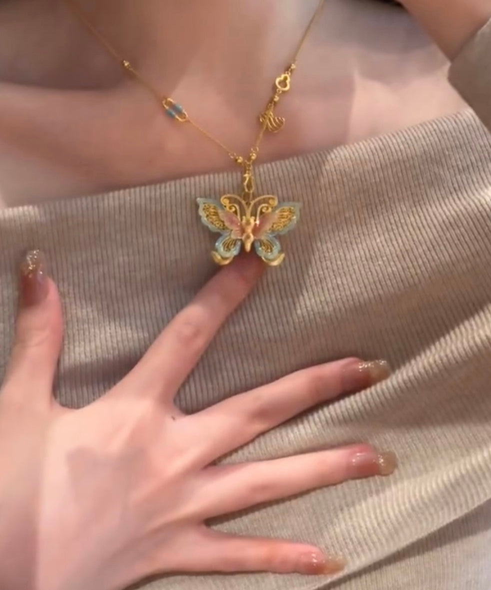 Necklace Ancient Enamel Pendant Retro Butterfly Gold