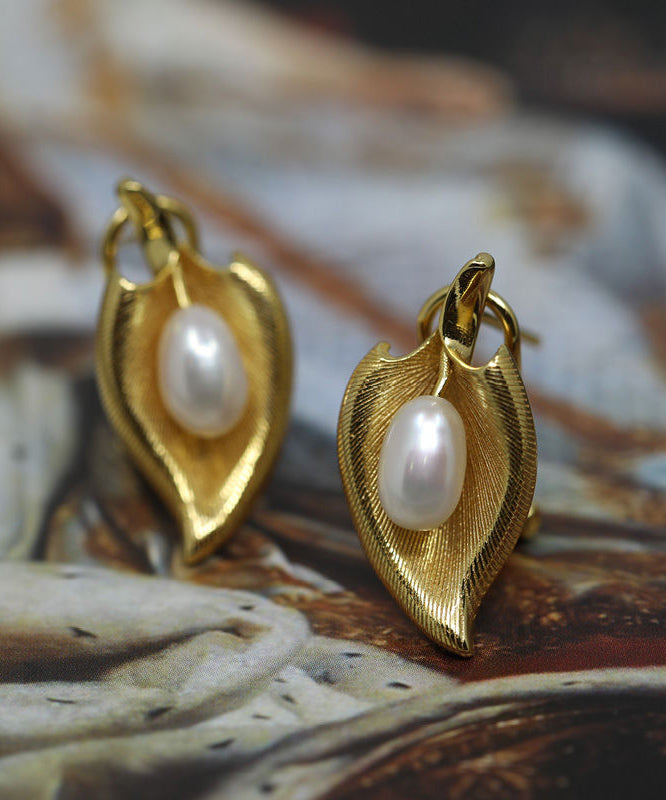 Retro Overgild Copper Gold Earrings Pearl Stud