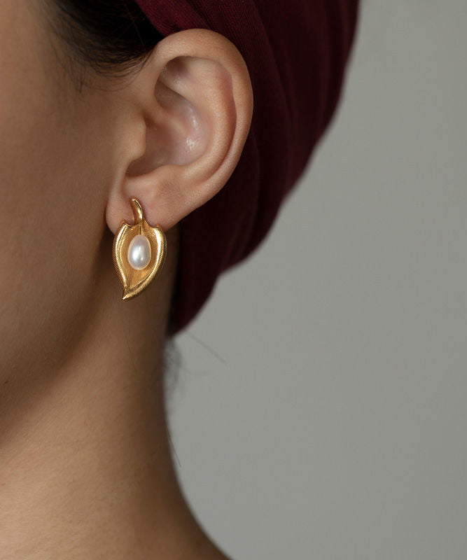 Retro Overgild Copper Gold Earrings Pearl Stud