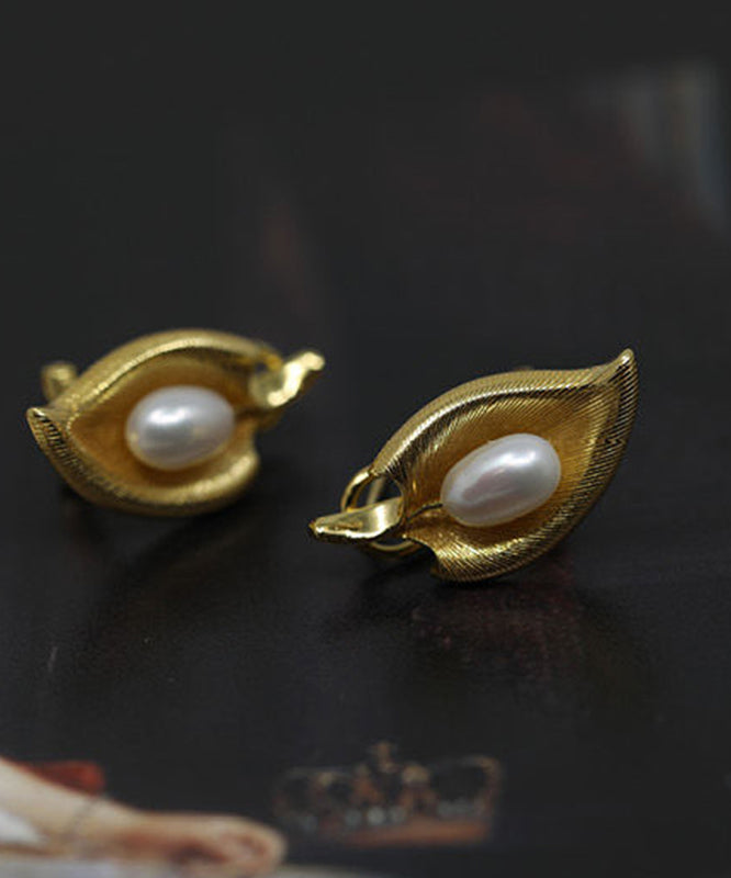 Retro Overgild Copper Gold Earrings Pearl Stud