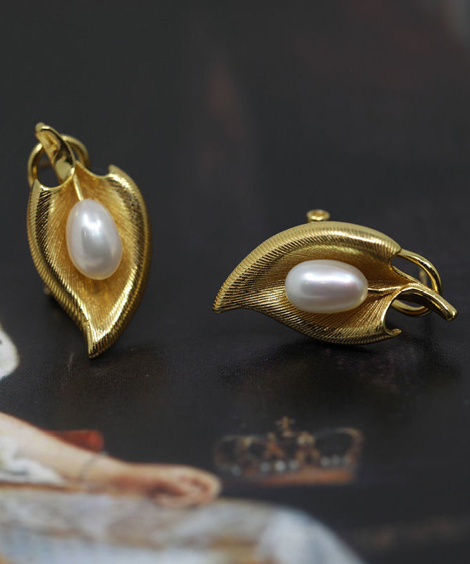Retro Overgild Copper Gold Earrings Pearl Stud