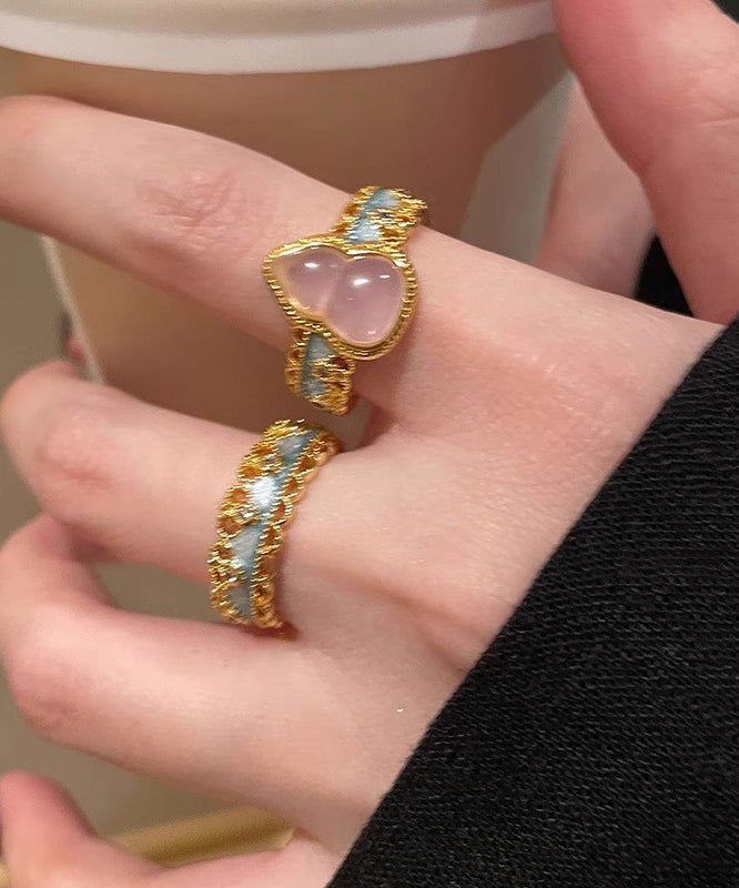 Two-Piece Silver Open Set Gold Gourds Overgild Retro Rings Sterling Lace