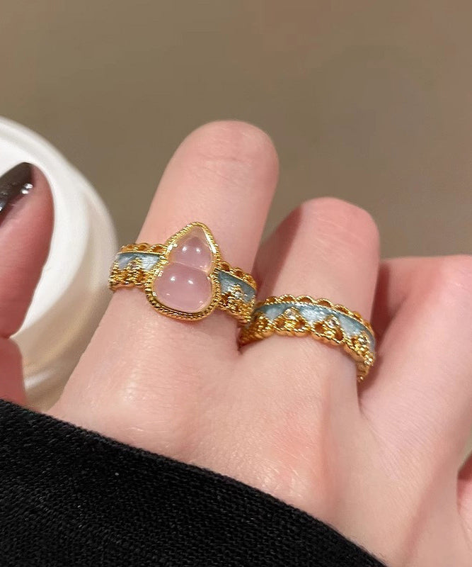 Two-Piece Silver Open Set Gold Gourds Overgild Retro Rings Sterling Lace