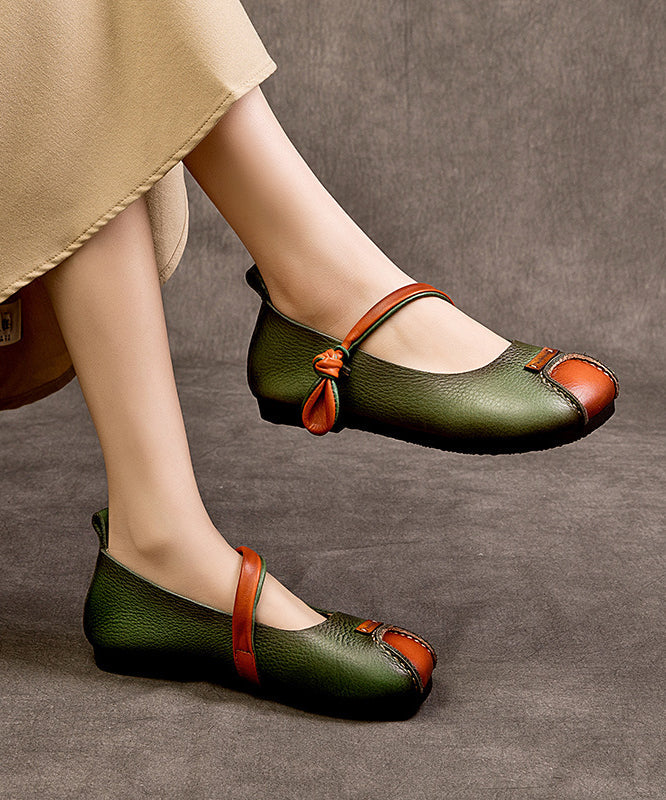 Shoes Feet Cowhide Buckle Green Splicing Leather Retro Flat Strap