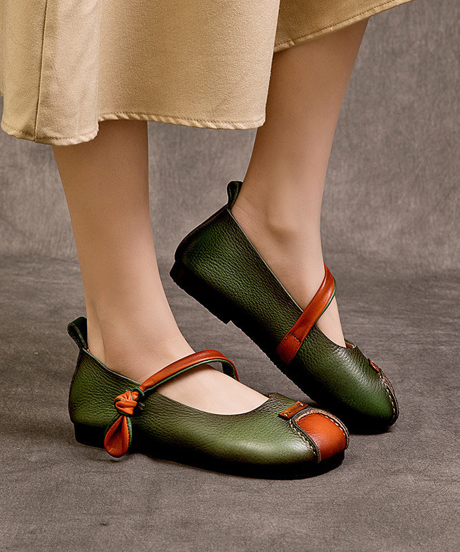 Shoes Feet Cowhide Buckle Green Splicing Leather Retro Flat Strap