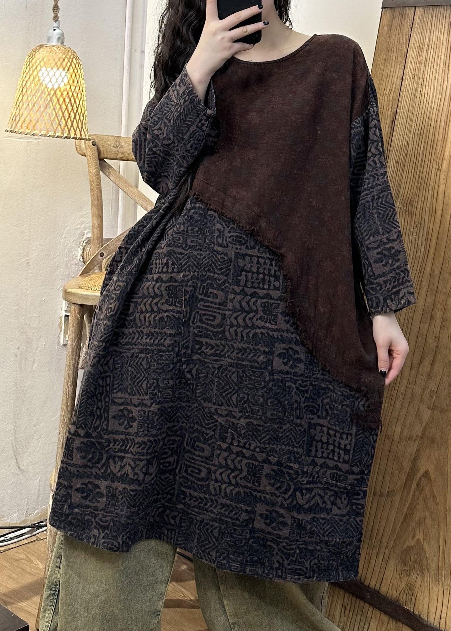 Retro Green Patchwork Print Long Dress Long Sleeve VB1075