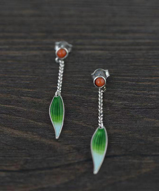 Retro Green Sterling Silver Agate Cloisonne Enamel Bamboo Leaf Drop Earrings QQ057