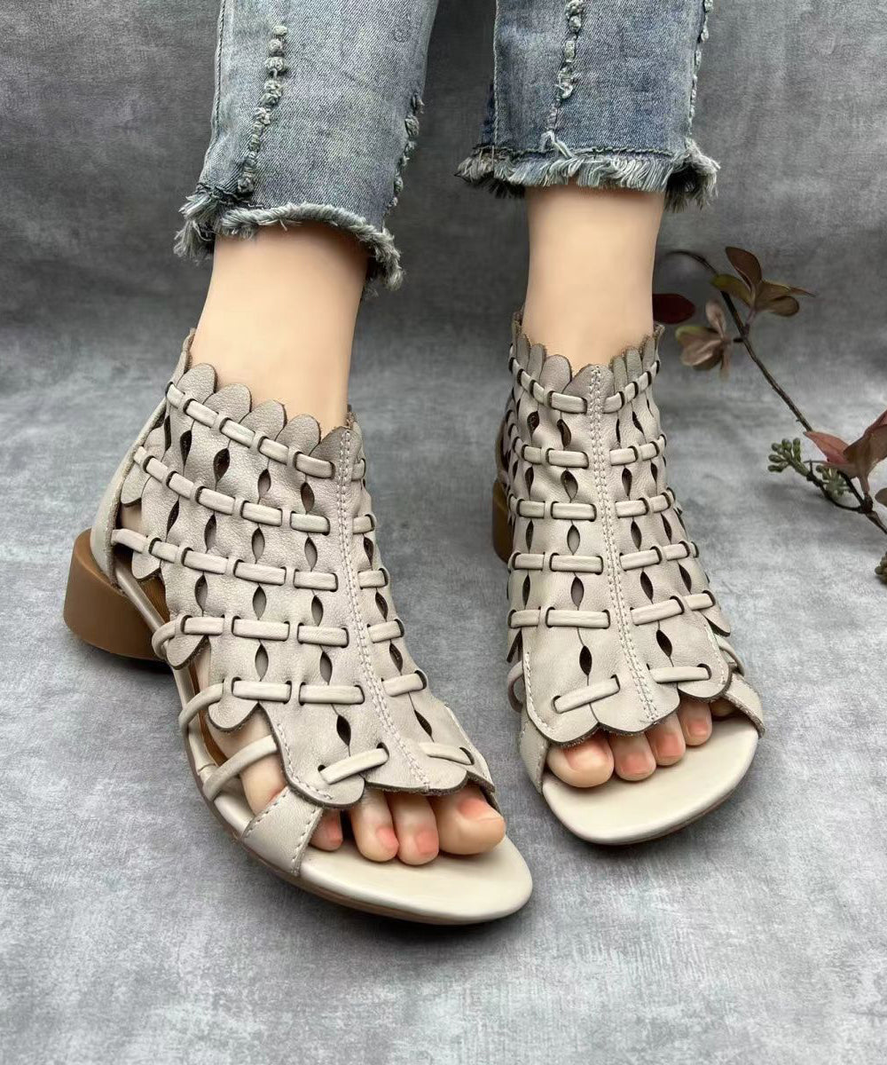 Retro Hollow Out Chunky Sandalen Braunes Rindsleder RT1004