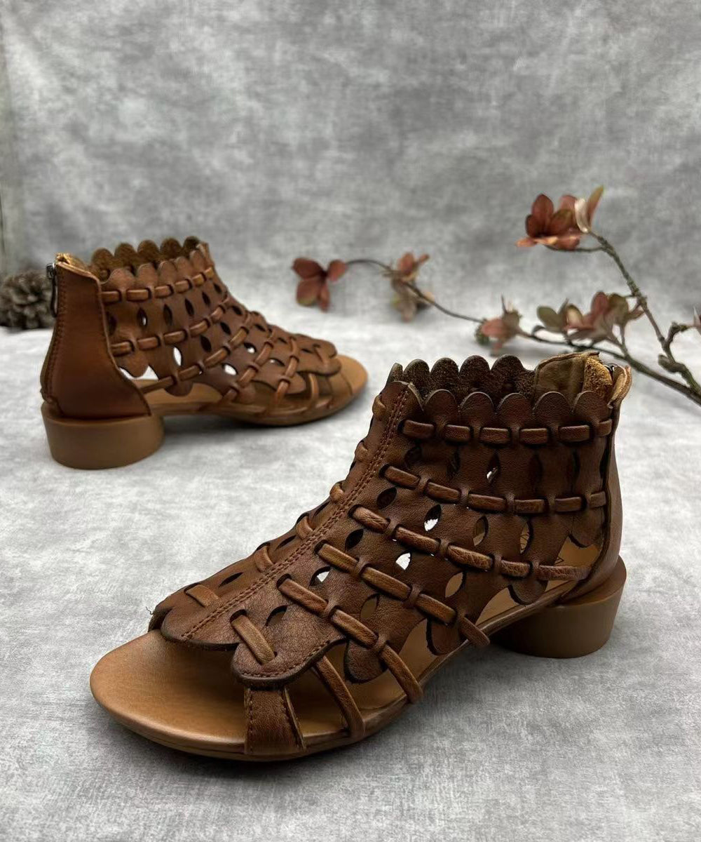 Retro Hollow Out Chunky Sandals Brown Cowhide Leather RT1004