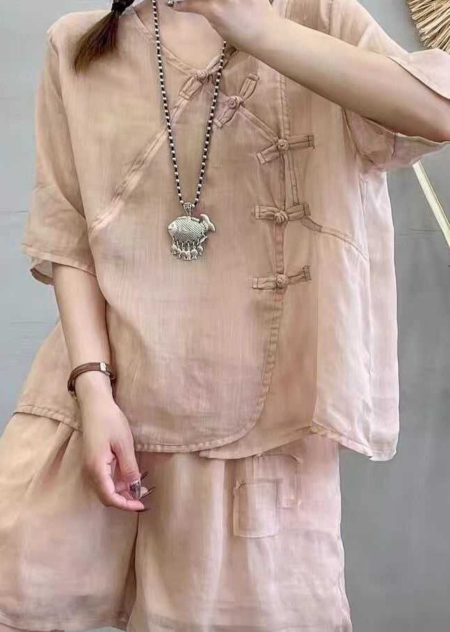 Retro Light Brown Chinese Button Tops And Shorts Cotton Two Pieces Set Summer QK016