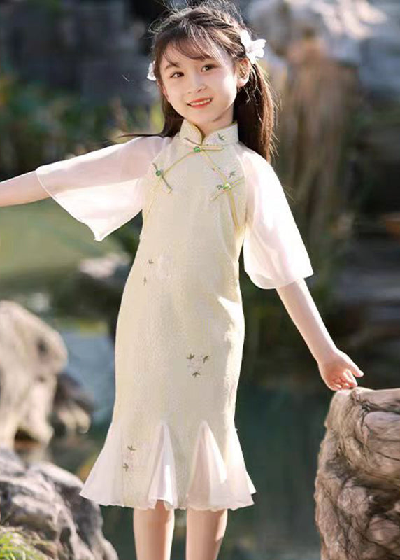 Summer Light Patchwork Kids Print Ruffled Retro Long Dress Green
