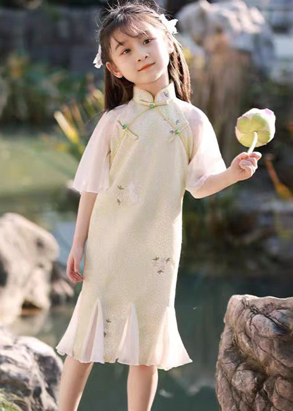 Summer Light Patchwork Kids Print Ruffled Retro Long Dress Green