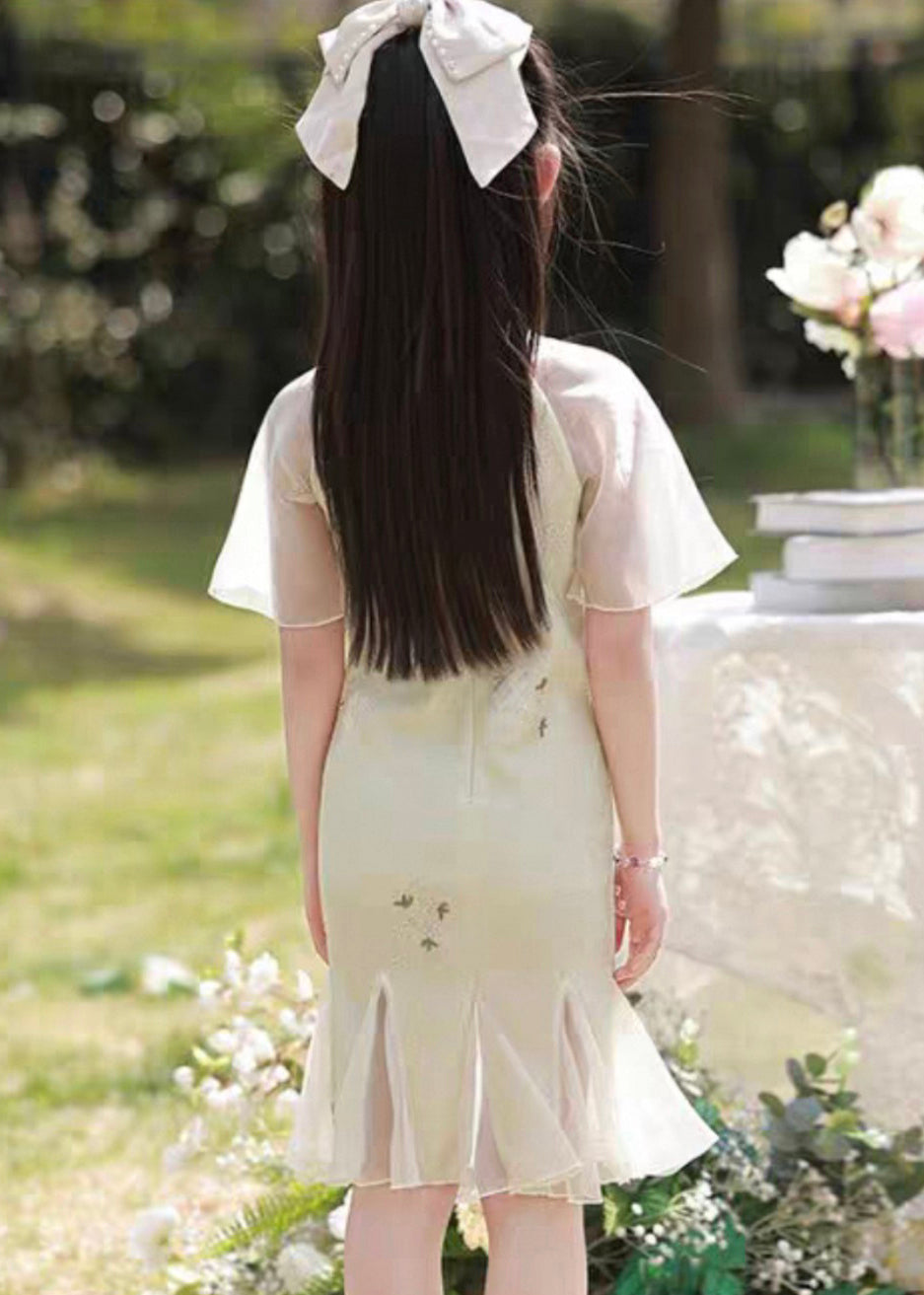 Summer Light Patchwork Kids Print Ruffled Retro Long Dress Green