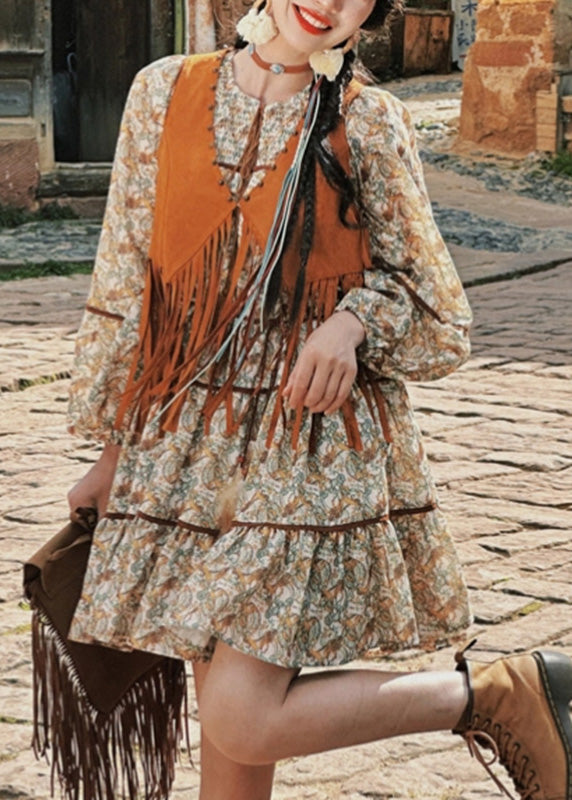 Two Patchwork Set And Retro Pieces Dress Waistcoat Long Tassel