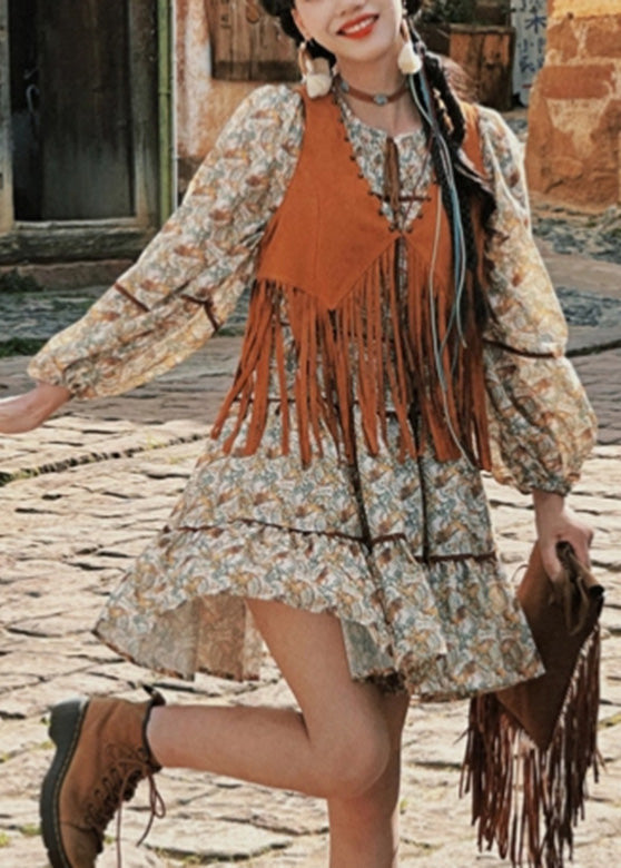 Two Patchwork Set And Retro Pieces Dress Waistcoat Long Tassel