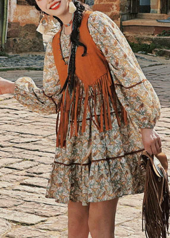 Two Patchwork Set And Retro Pieces Dress Waistcoat Long Tassel