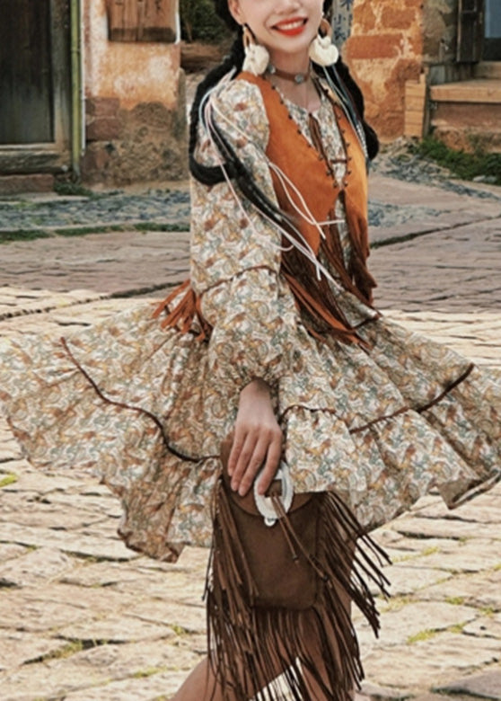 Two Patchwork Set And Retro Pieces Dress Waistcoat Long Tassel