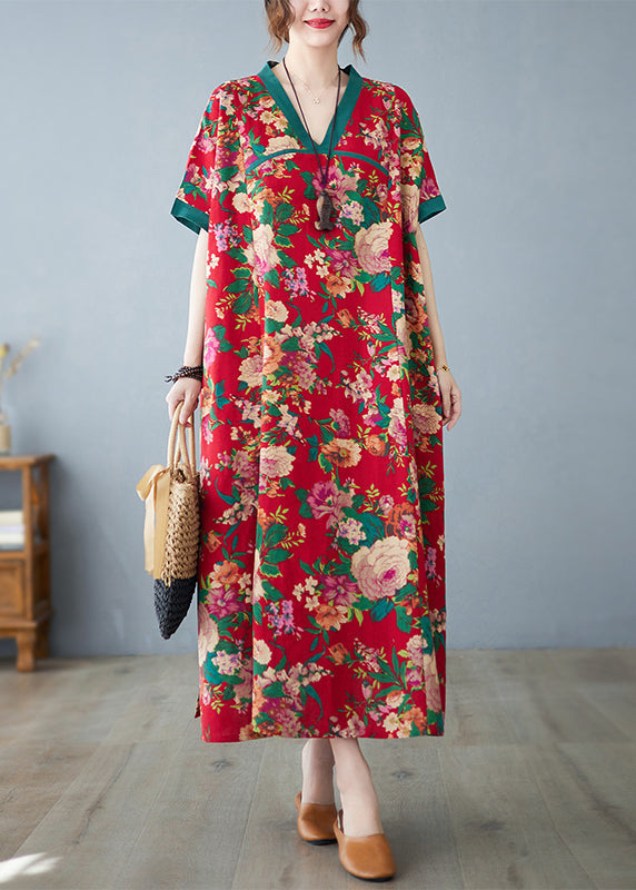 Oversized Cotton Retro Dresses Maxi Summer Print Red