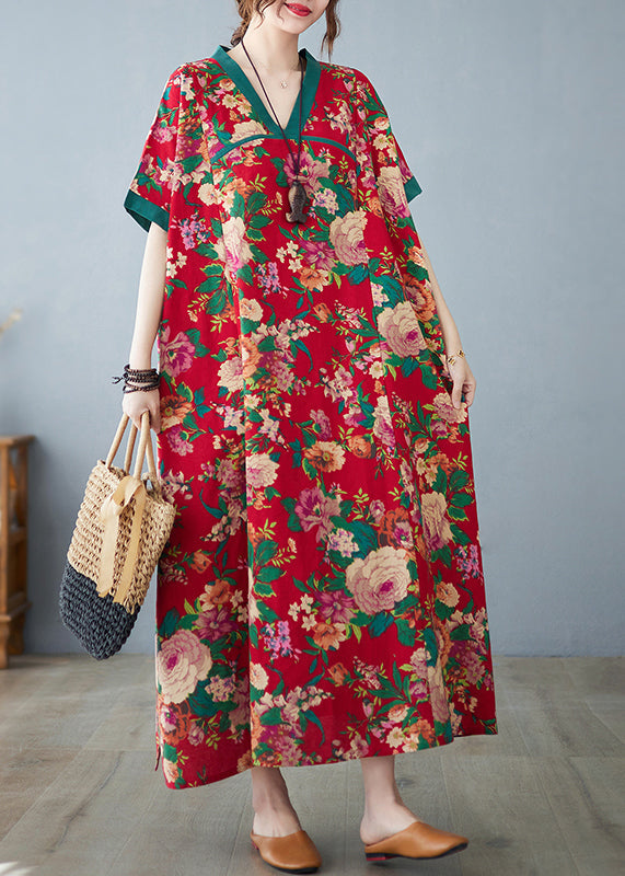 Oversized Cotton Retro Dresses Maxi Summer Print Red