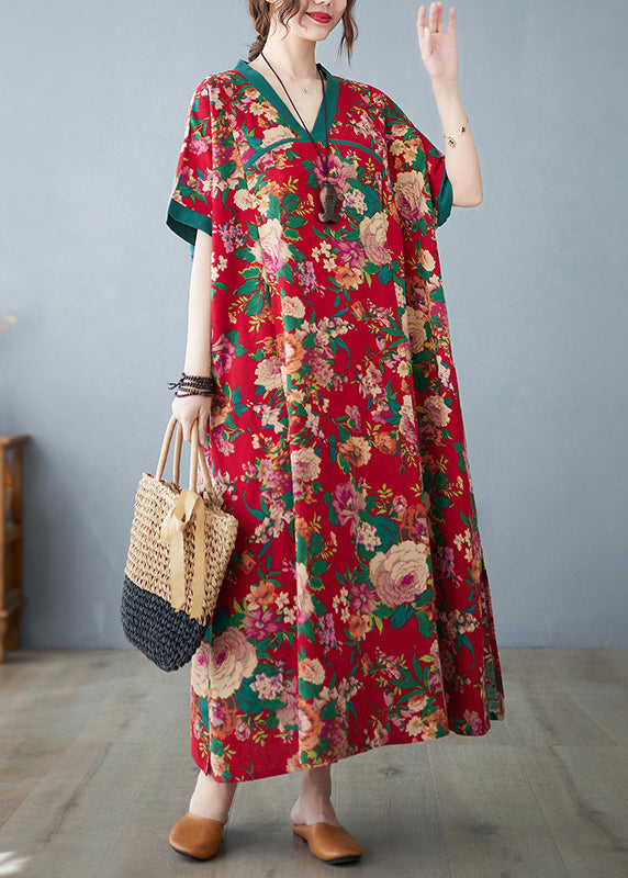 Oversized Cotton Retro Dresses Maxi Summer Print Red