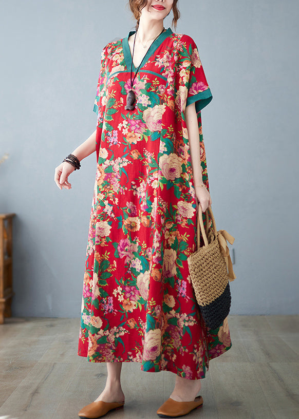 Oversized Cotton Retro Dresses Maxi Summer Print Red