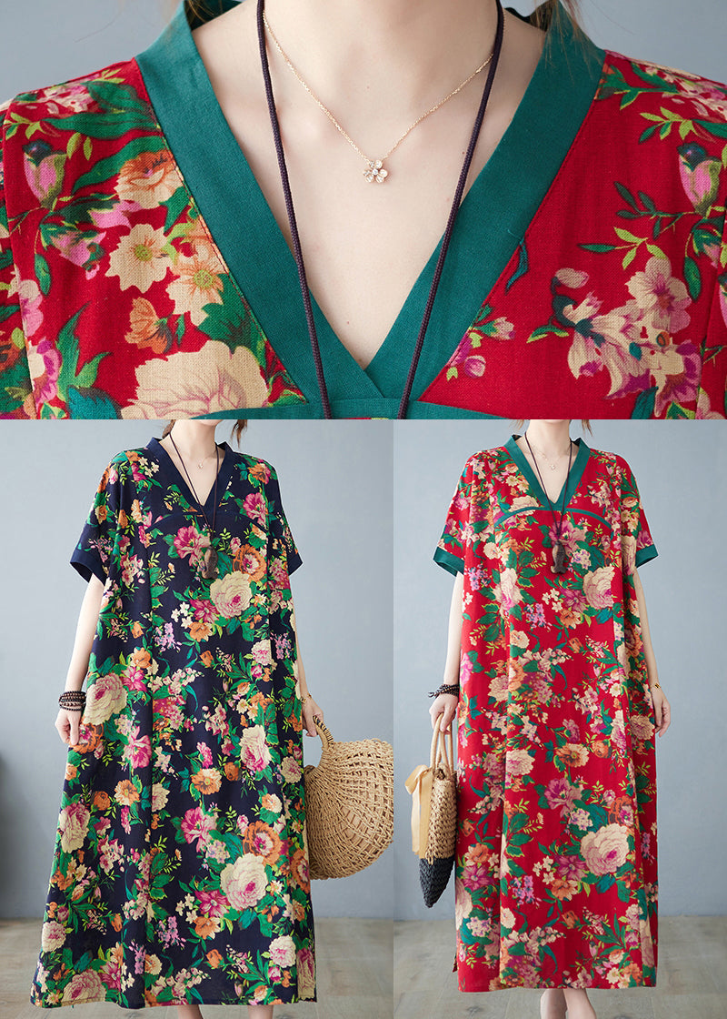 Oversized Cotton Retro Dresses Maxi Summer Print Red