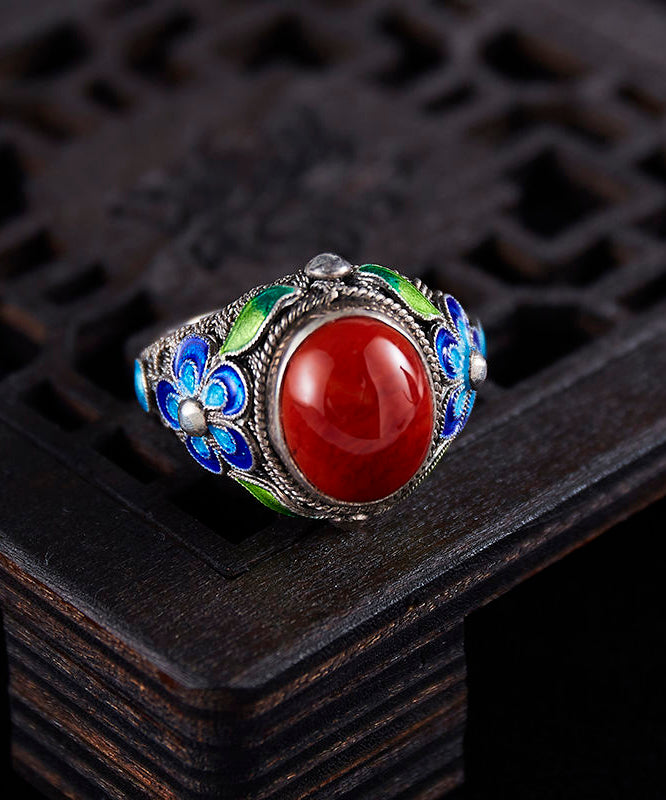 Agate Sterling Rings Retro Red Cloisonne Silver