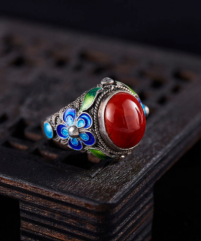 Agate Sterling Rings Retro Red Cloisonne Silver