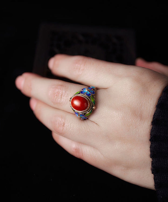 Agate Sterling Rings Retro Red Cloisonne Silver