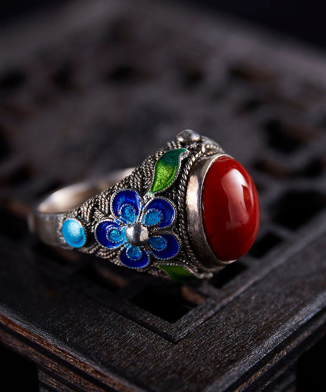 Agate Sterling Rings Retro Red Cloisonne Silver