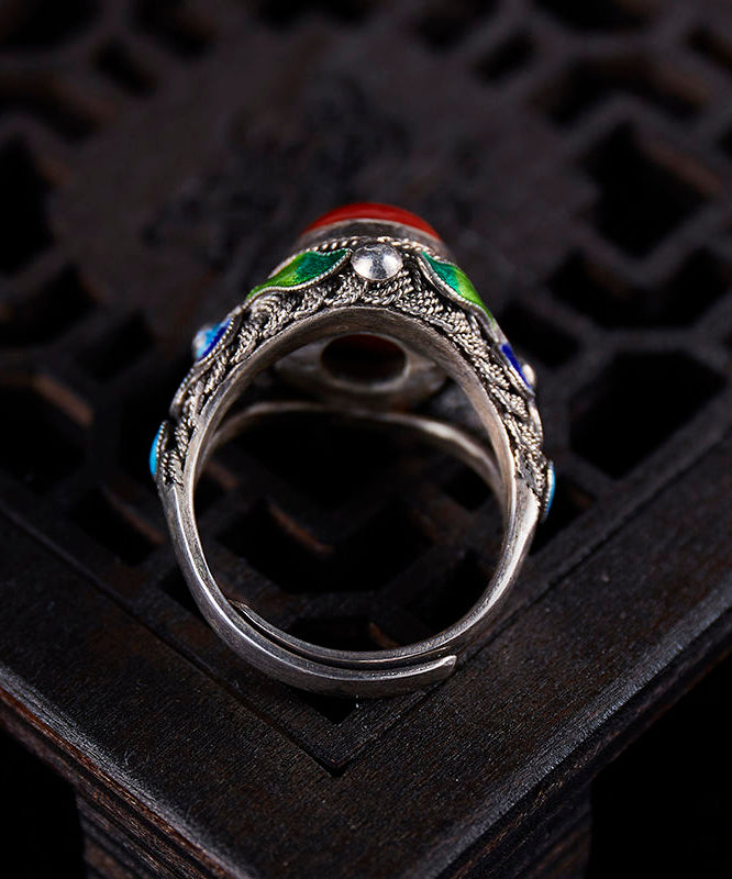 Agate Sterling Rings Retro Red Cloisonne Silver