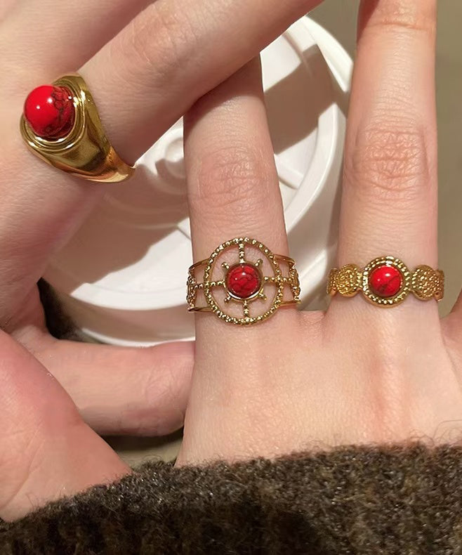 Overgild Two Retro Sterling Agate Silver Rings Red Hollow Out