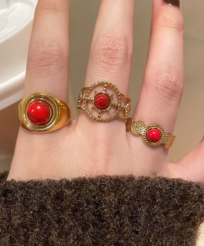 Overgild Two Retro Sterling Agate Silver Rings Red Hollow Out