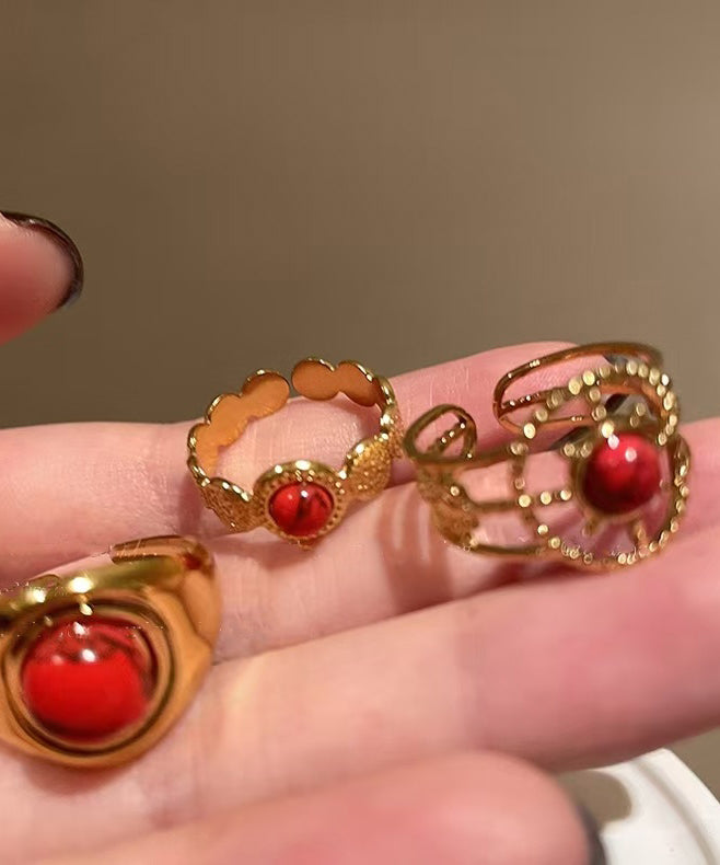 Overgild Two Retro Sterling Agate Silver Rings Red Hollow Out