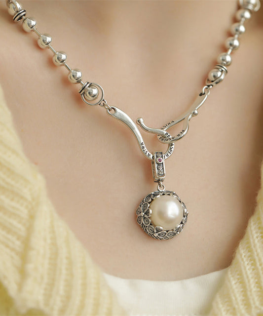 Retro Silk Sterling Silver Pearl Pendant Necklace KX1085