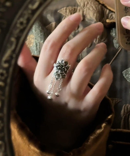 Retro Rings Tassel Peony Silver Silk Sterling
