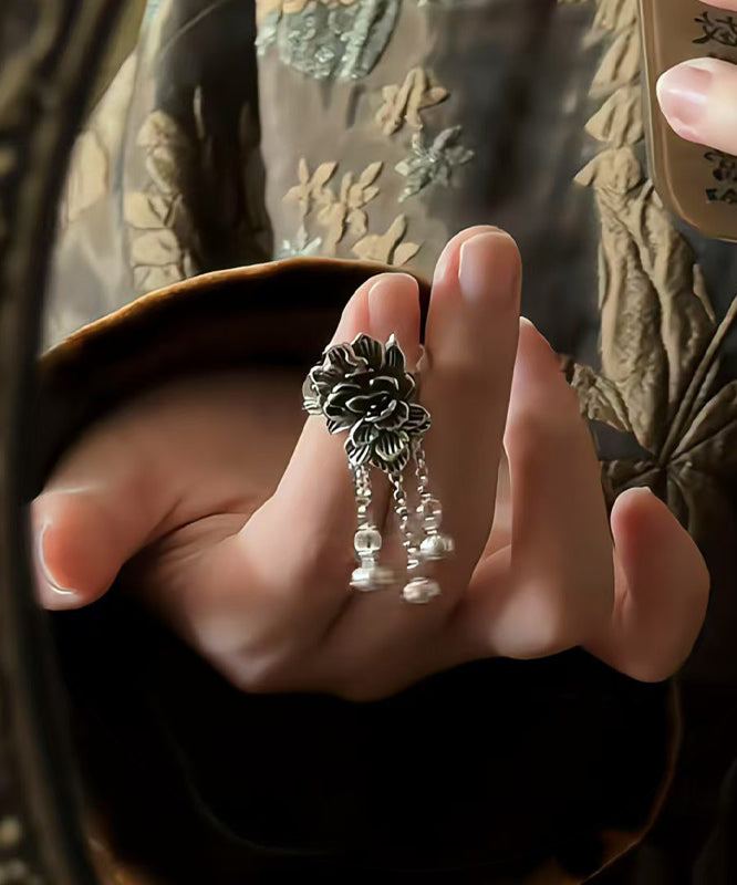 Retro Rings Tassel Peony Silver Silk Sterling