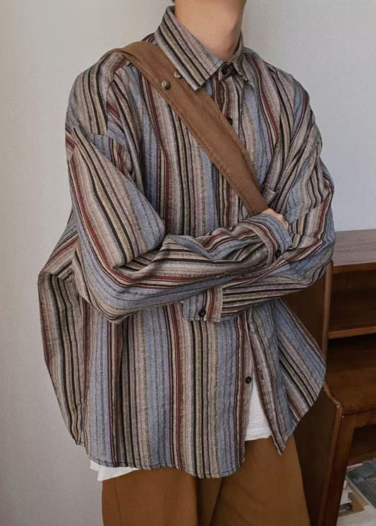 Shirts Mens Button Striped Cotton Retro Spring Pockets Oversized