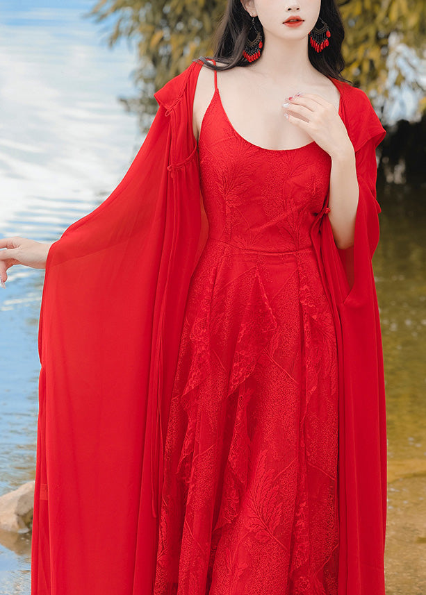 Zweiteiliges Set aus Chiffon-Cape und Kleid im Retro-Urlaubsstil mit Kapuze, Rot XX021