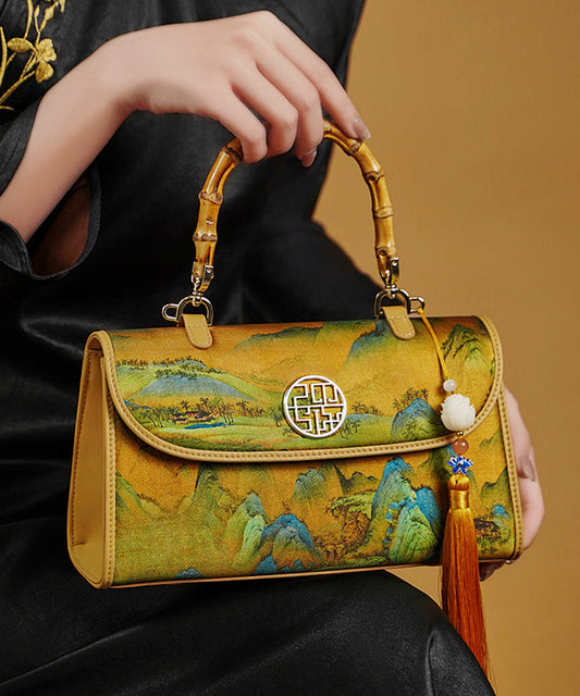 Tote Decorated Print Silk Retro Bag Yellow Tassel