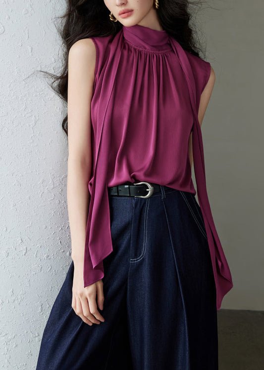 Wrinkled Blouses Button Summer Rose Bow Solid Silk