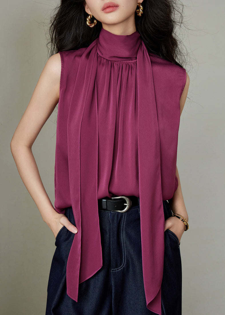 Wrinkled Blouses Button Summer Rose Bow Solid Silk