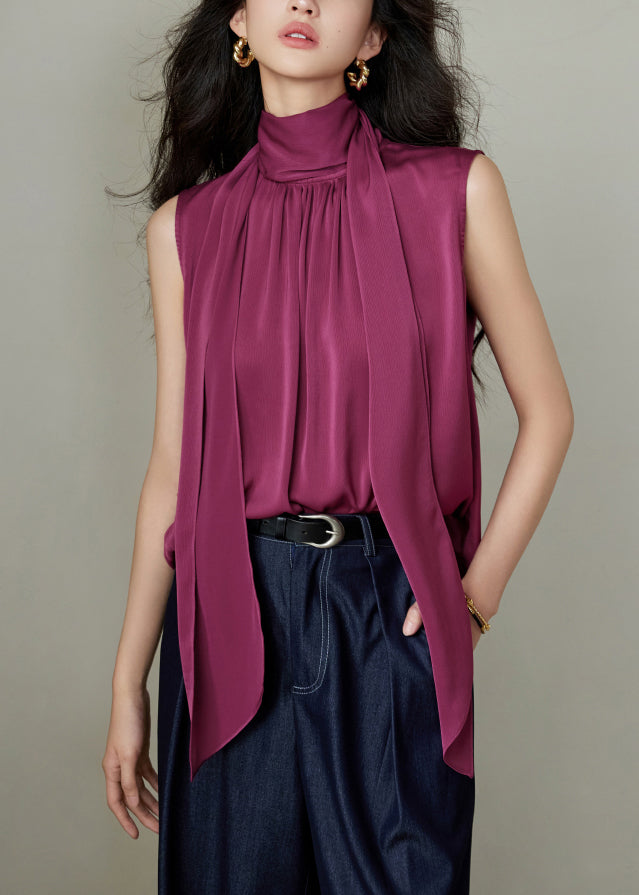 Wrinkled Blouses Button Summer Rose Bow Solid Silk