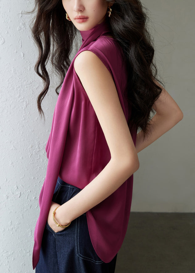 Wrinkled Blouses Button Summer Rose Bow Solid Silk