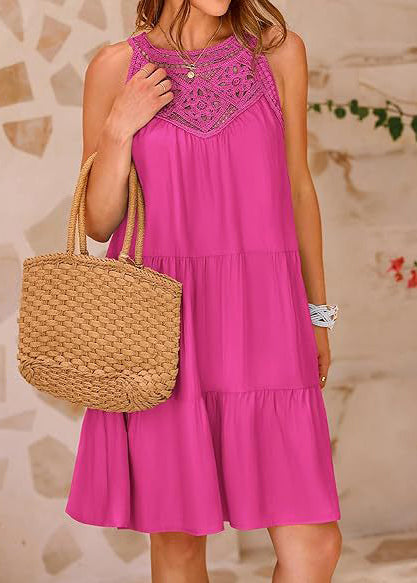 Cotton Patchwork Out Mini Rose Dress Hollow Sleeveless