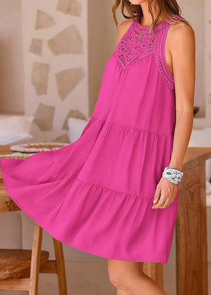 Cotton Patchwork Out Mini Rose Dress Hollow Sleeveless